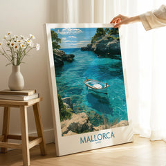 Mallorca Spain Rowing Boat Wall Art — canvas print mirror edge hand holding room setting