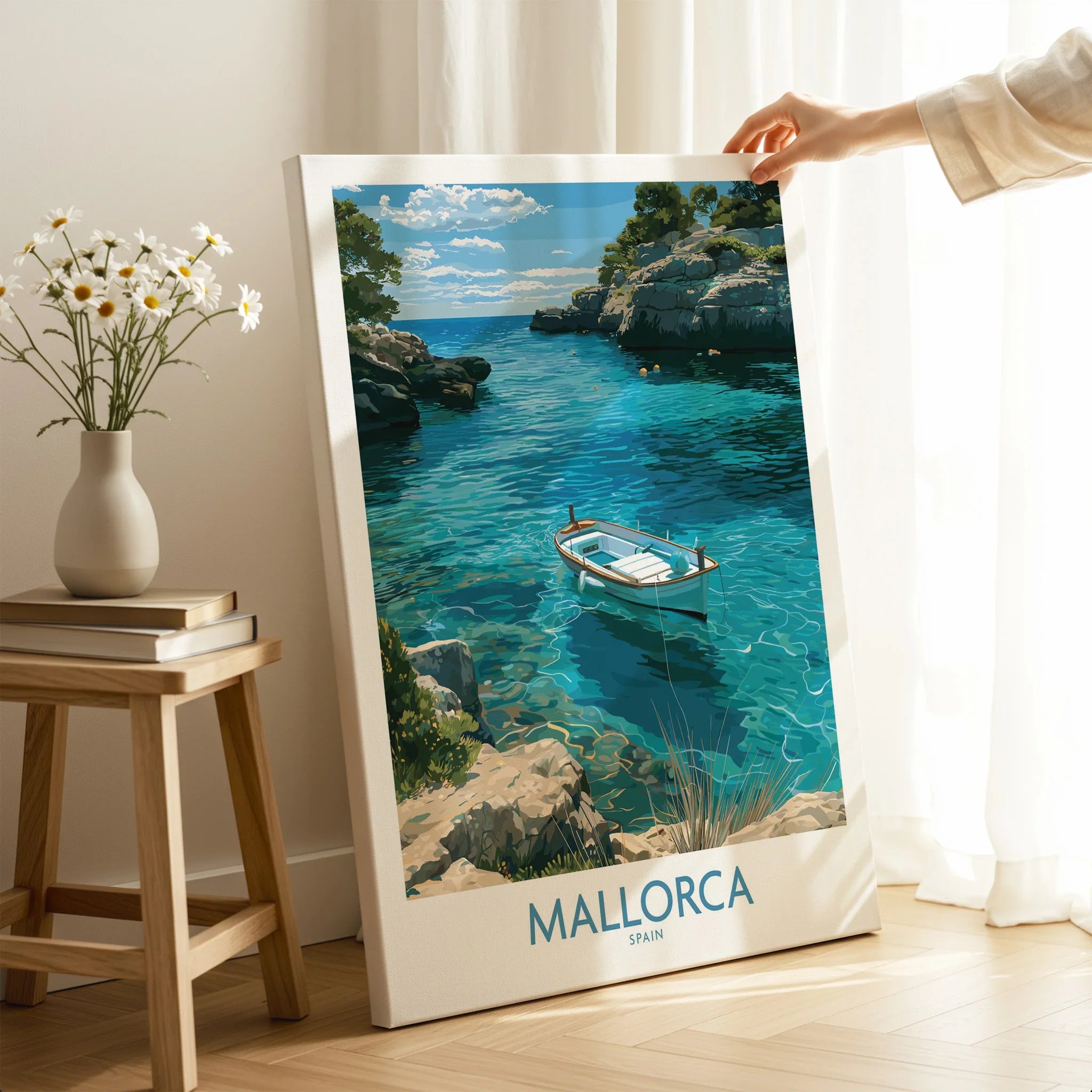 Mallorca Spain Rowing Boat Wall Art — canvas print mirror edge hand holding room setting