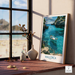 Mallorca Spain Rowing Boat Wall Art — framed print window view natural wood frame