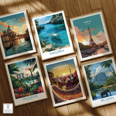 Mallorca Spain Rowing Boat Wall Art — set six framed art prints wooden floor natural wood frames