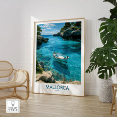 Mallorca Spain Rowing Boat Wall Art — large framed print room setting chair plant