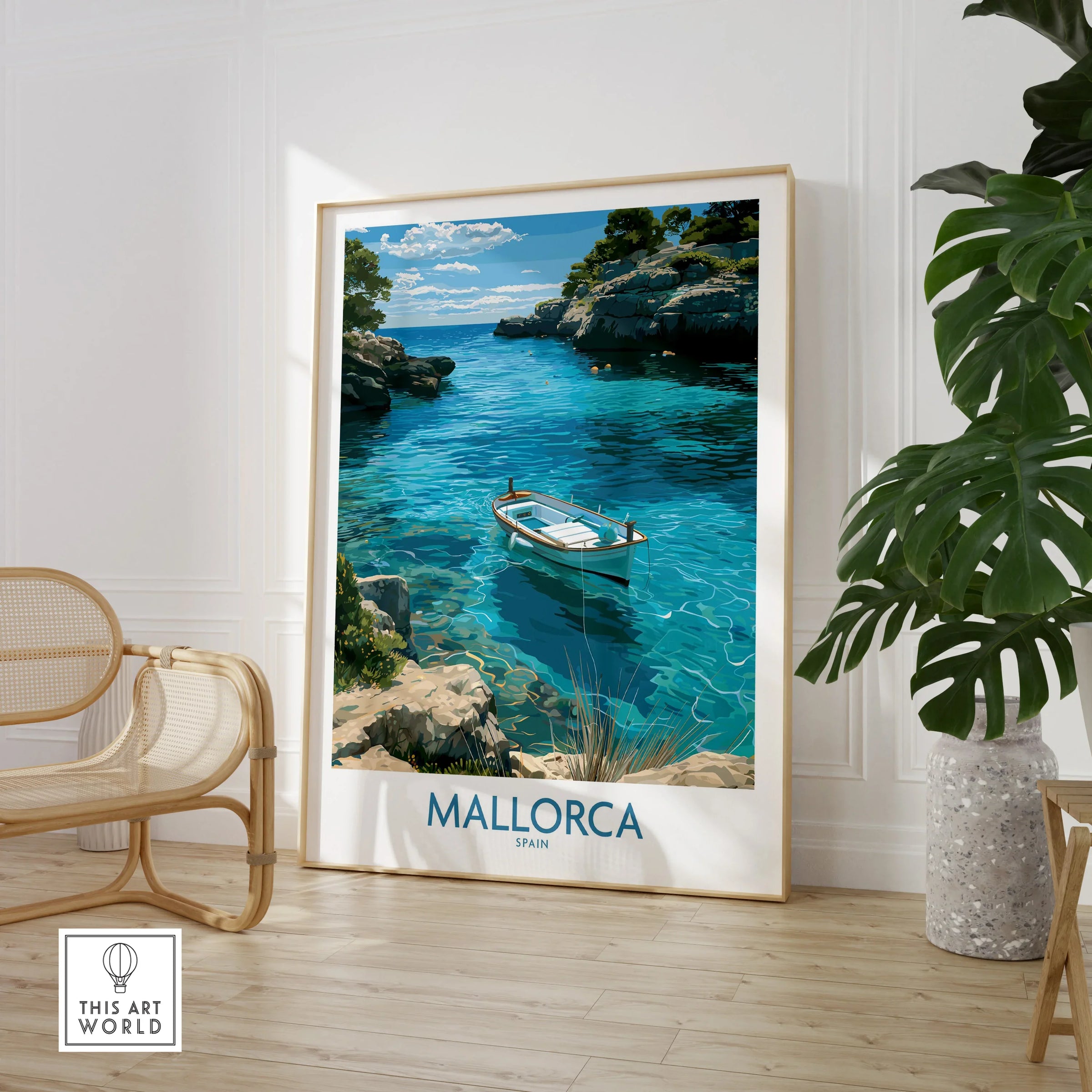 Mallorca Spain Rowing Boat Wall Art — large framed print room setting chair plant