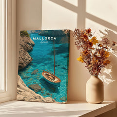 Mallorca Spain Sailboat Cove Travel Poster — canvas print window setting with shadows flowers