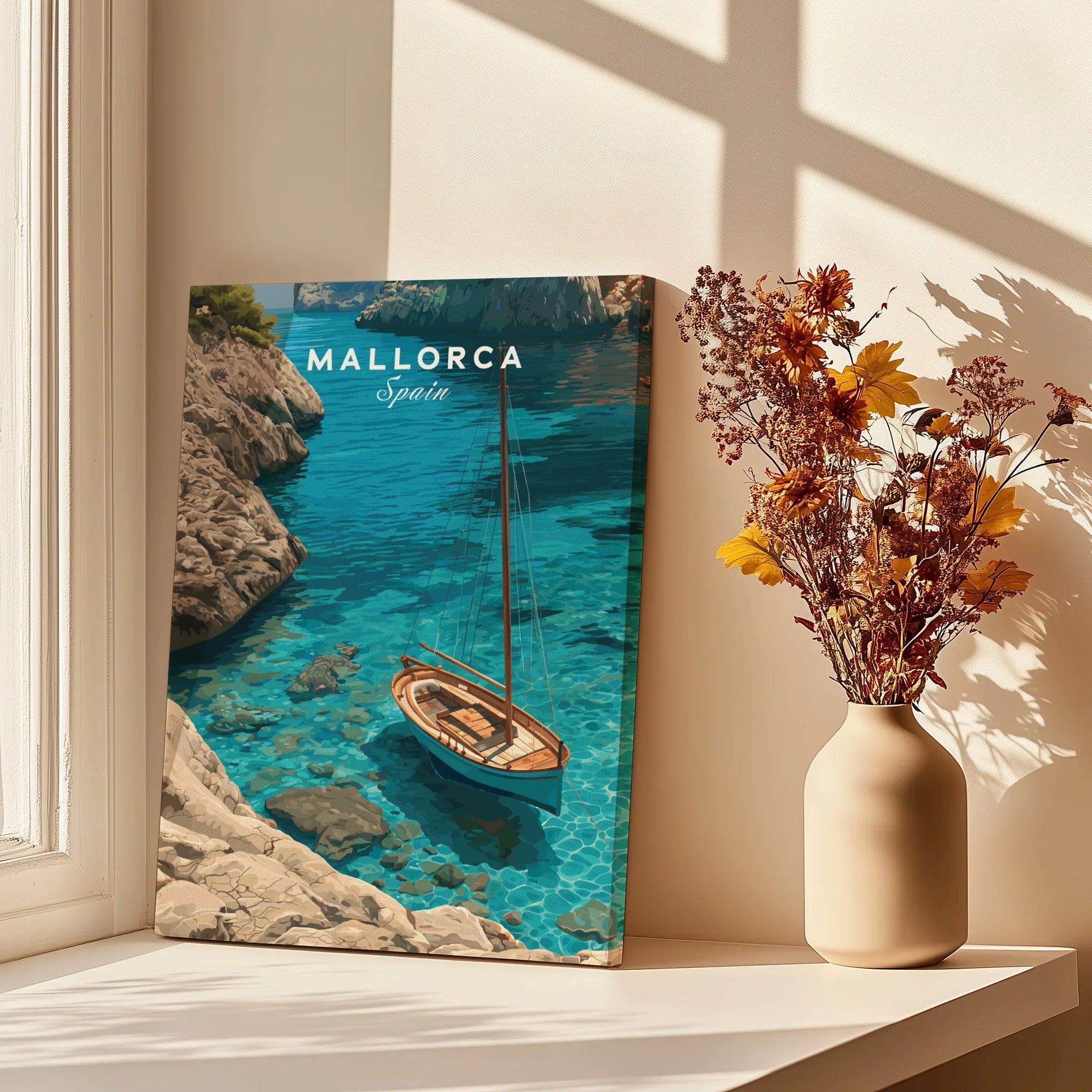Mallorca Spain Sailboat Cove Travel Poster — canvas print window setting with shadows flowers