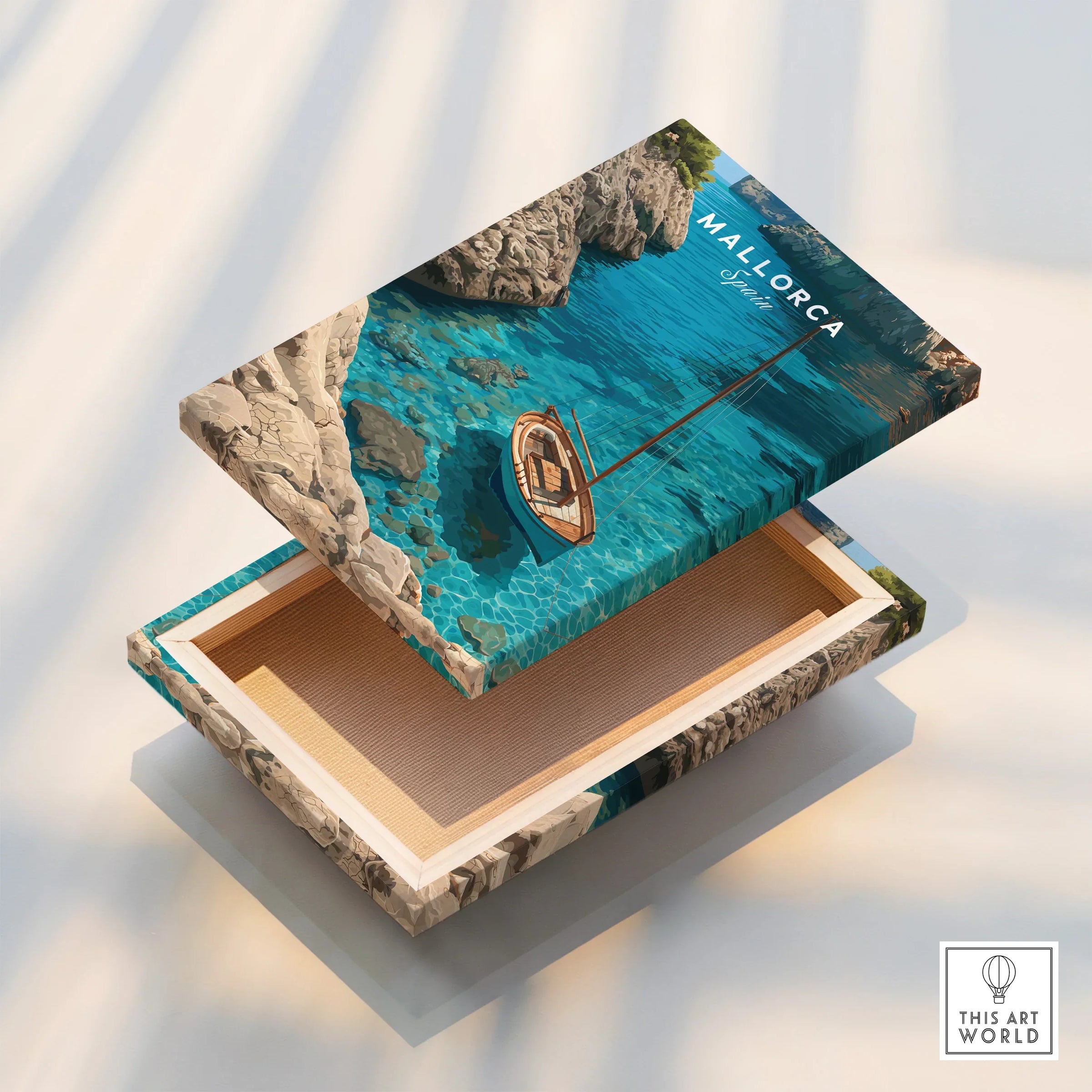 Mallorca Spain Sailboat Cove Travel Poster — stretched canvas print floating detail mirror edge