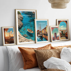 Mallorca Spain Sailboat Cove Travel Poster — set five framed artprints above bed natural wood frames