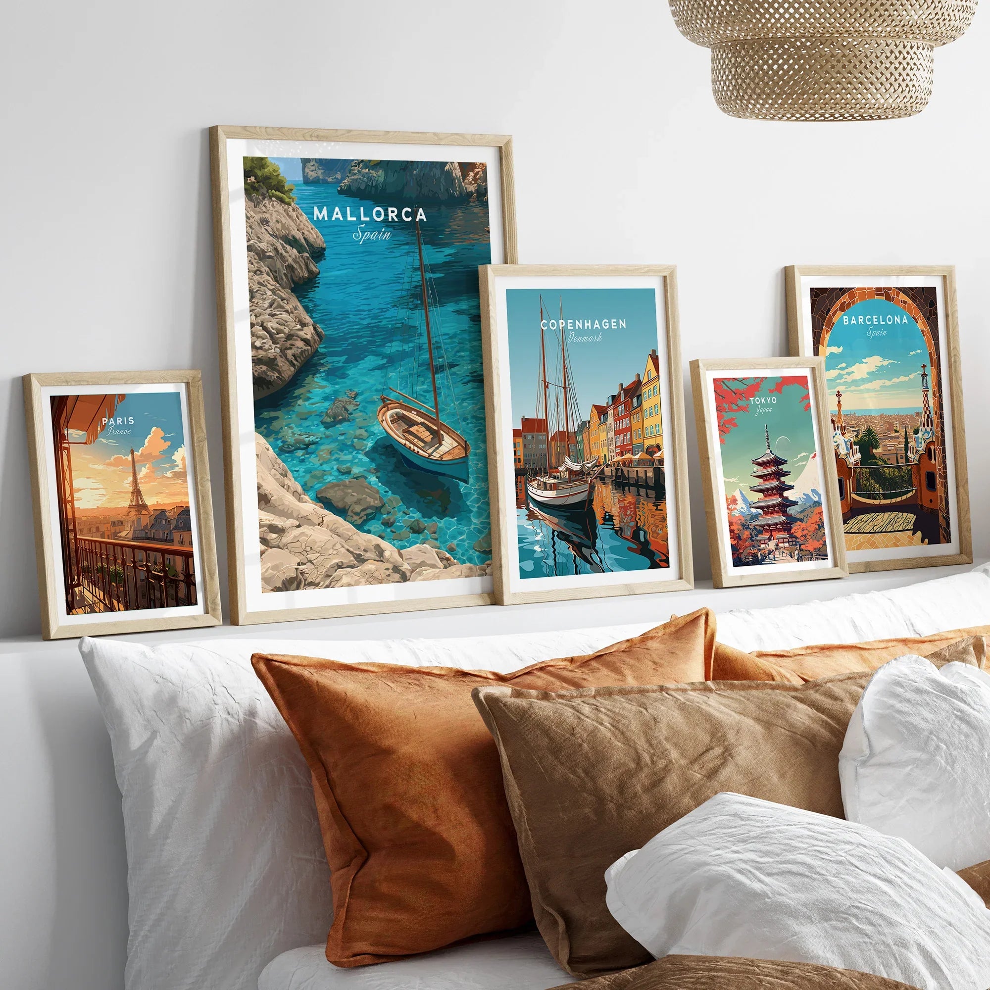 Mallorca Spain Sailboat Cove Travel Poster — set five framed artprints above bed natural wood frames