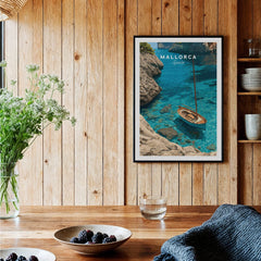 Mallorca Spain Sailboat Cove Travel Poster — black framed art print kitchen setting