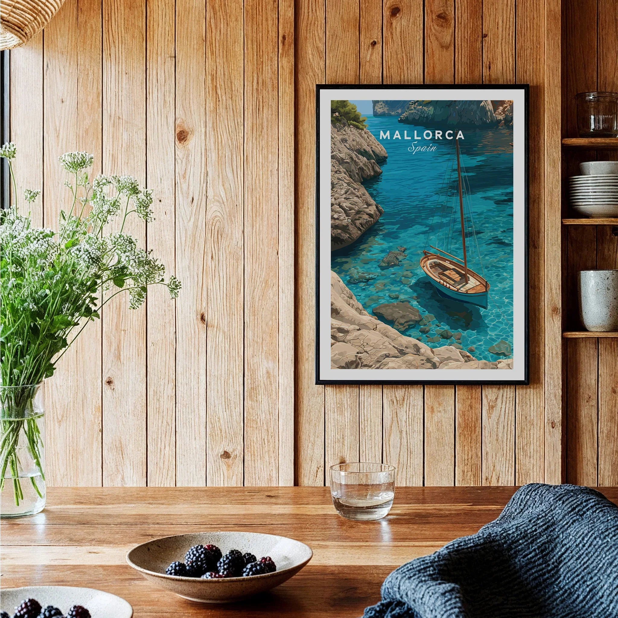 Mallorca Spain Sailboat Cove Travel Poster — black framed art print kitchen setting