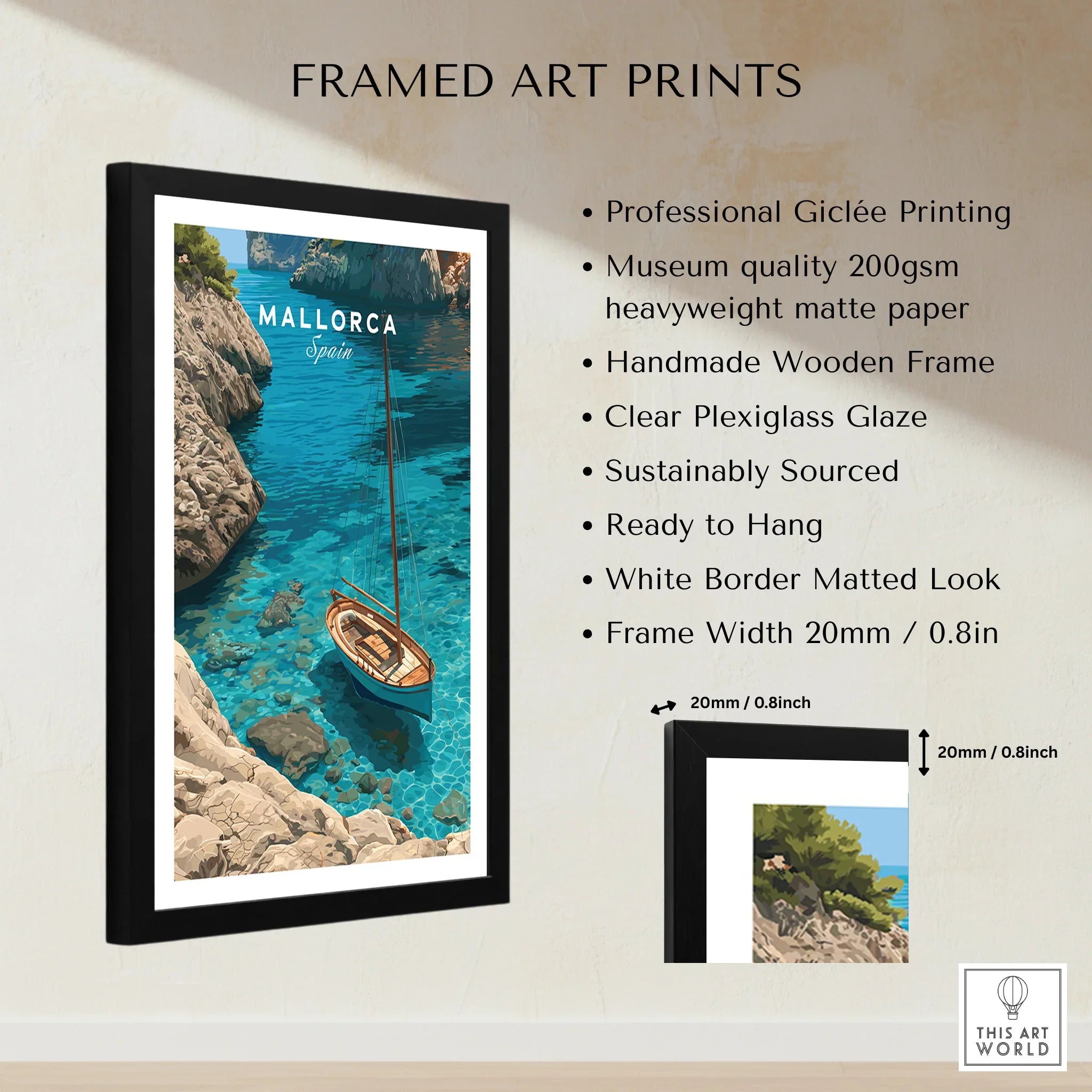 Mallorca Spain Sailboat Cove Travel Poster — framed print details measurements quality details