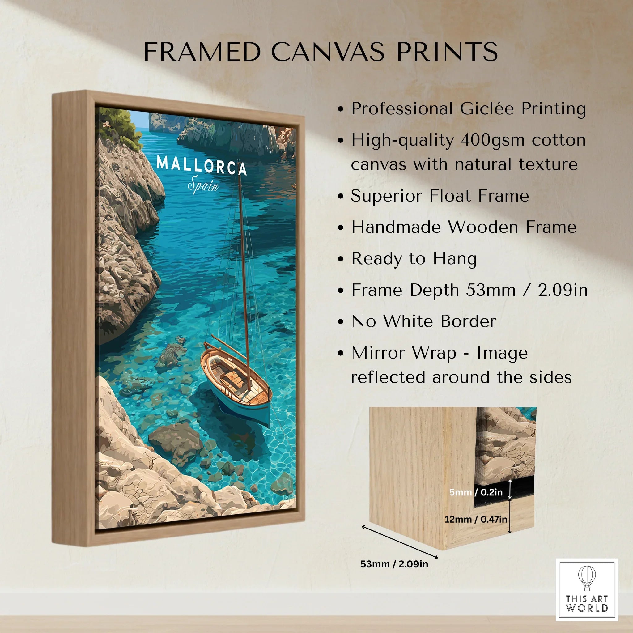 Mallorca Spain Sailboat Cove Travel Poster — framed canvas float frame details quality