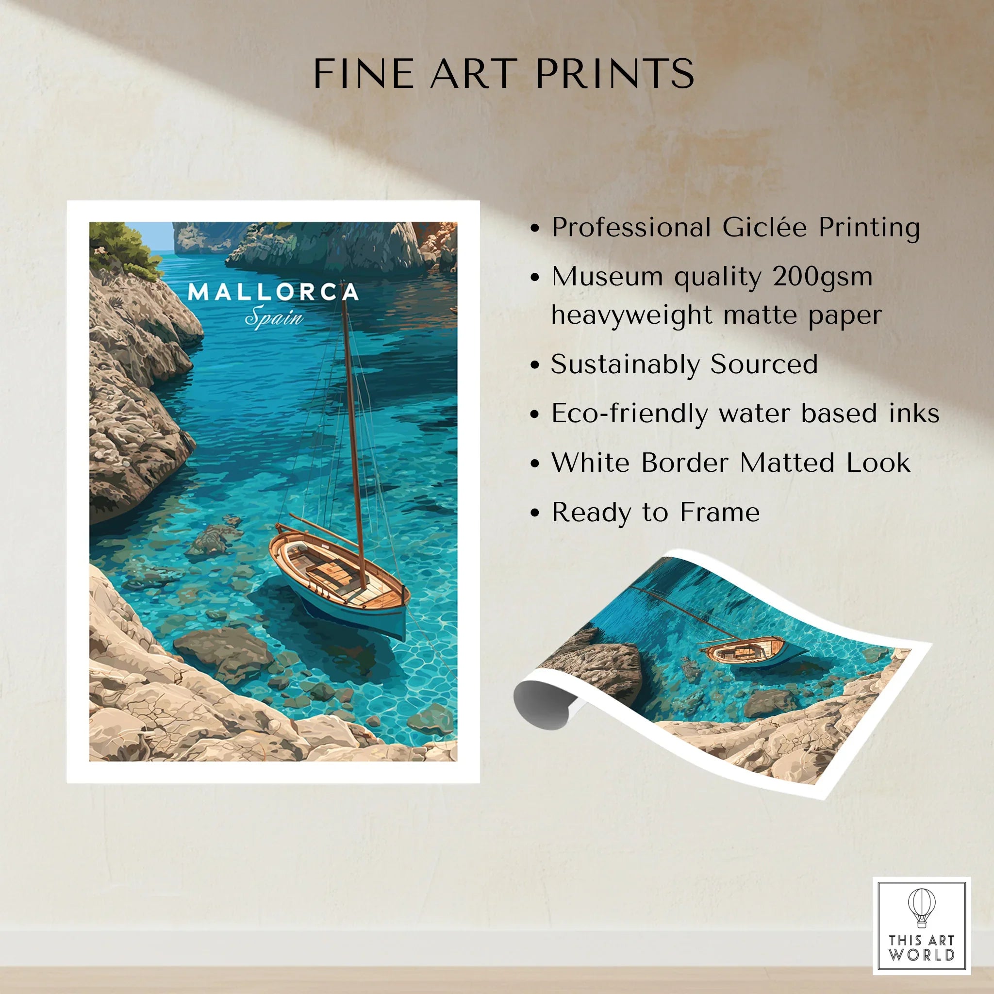 Mallorca Spain Sailboat Cove Travel Poster — fine art print unframed quality details