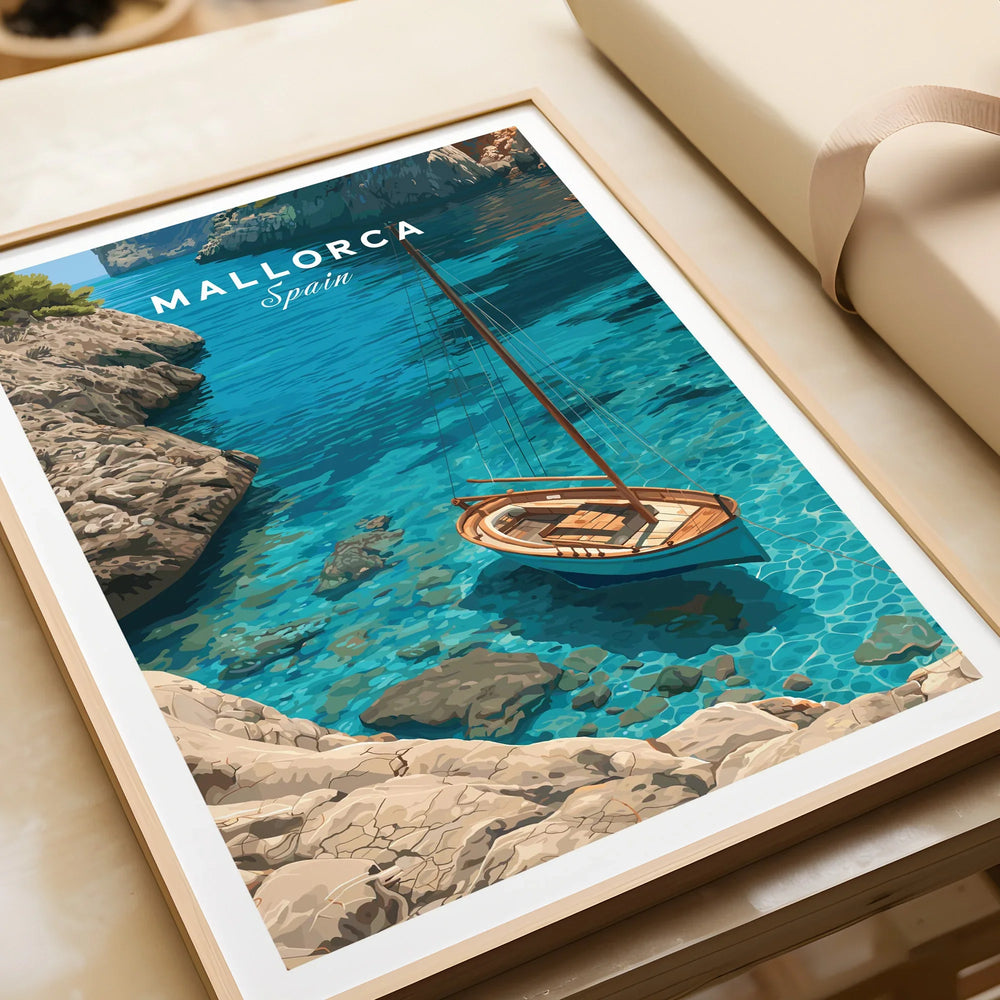 Mallorca Spain Sailboat Cove Travel Poster — framed art print closeup gift unwrapped natural frame