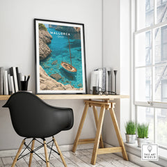 Mallorca Spain Sailboat Cove Travel Poster — framed poster black frame on office desk modern