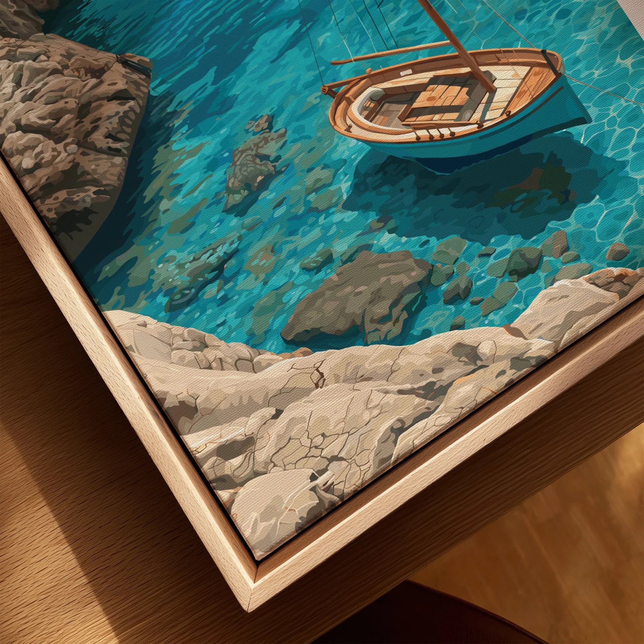 Mallorca Spain Sailboat Cove Travel Poster — closeup framed canvas natural wood floating frame