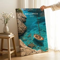Mallorca Spain Sailboat Cove Travel Poster — canvas print mirror edge hand holding room setting