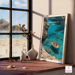 Mallorca Spain Sailboat Cove Travel Poster — framed print window view natural wood frame