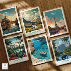 Mallorca Spain Sailboat Cove Travel Poster — set six framed art prints wooden floor natural wood frames