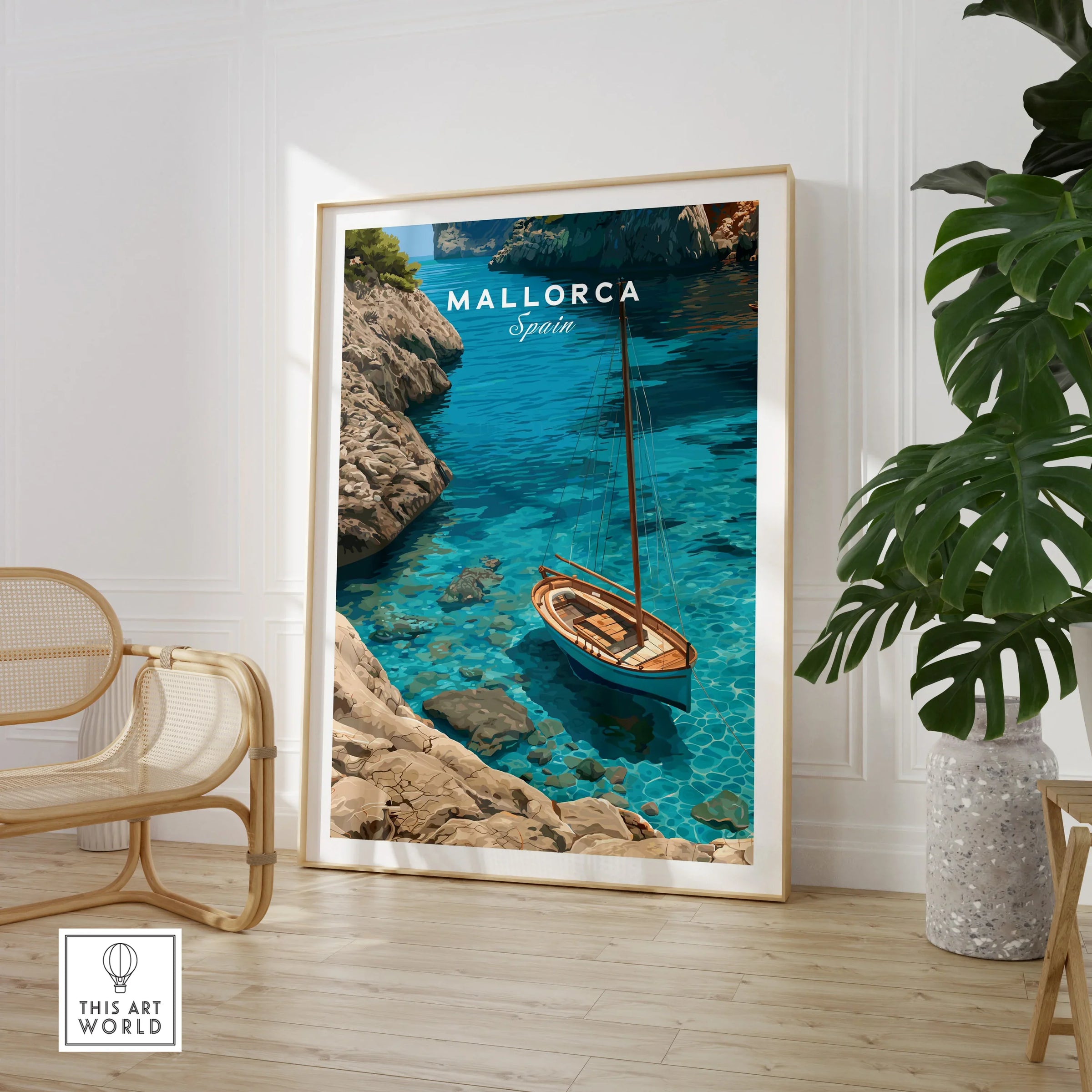 Mallorca Spain Sailboat Cove Travel Poster — large framed print room setting chair plant