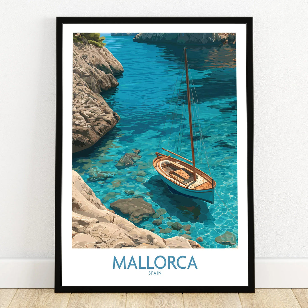 Mallorca Spain Cove Sailboat Wall Art — art print in black frame on wooden floor