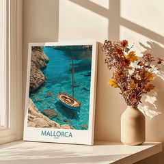 Mallorca Spain Cove Sailboat Wall Art — canvas print window setting with shadows flowers