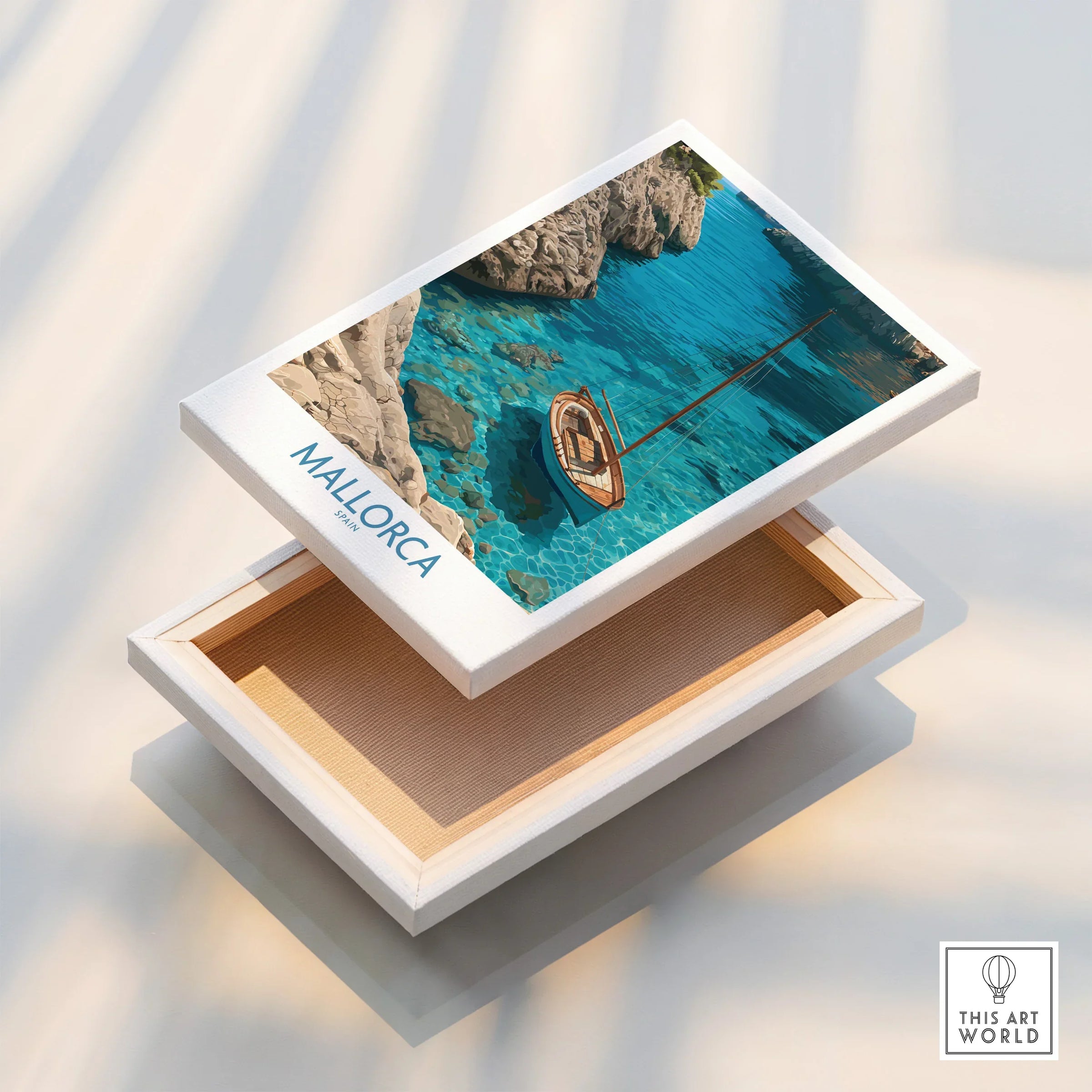 Mallorca Spain Cove Sailboat Wall Art — stretched canvas print floating detail mirror edge