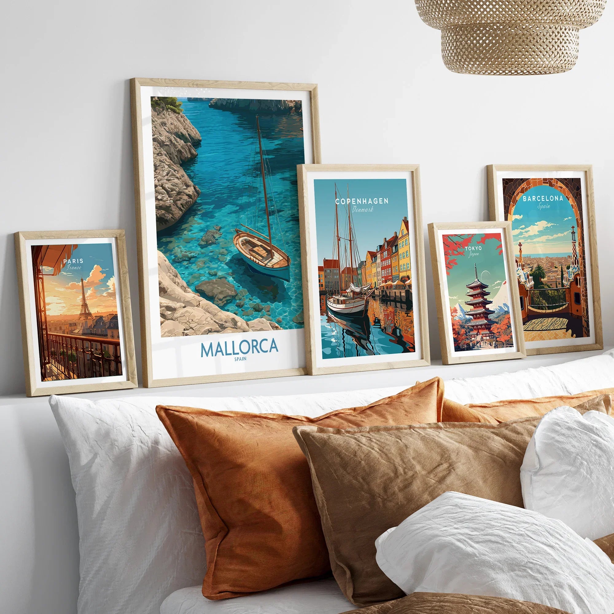 Mallorca Spain Cove Sailboat Wall Art — set five framed artprints above bed natural wood frames