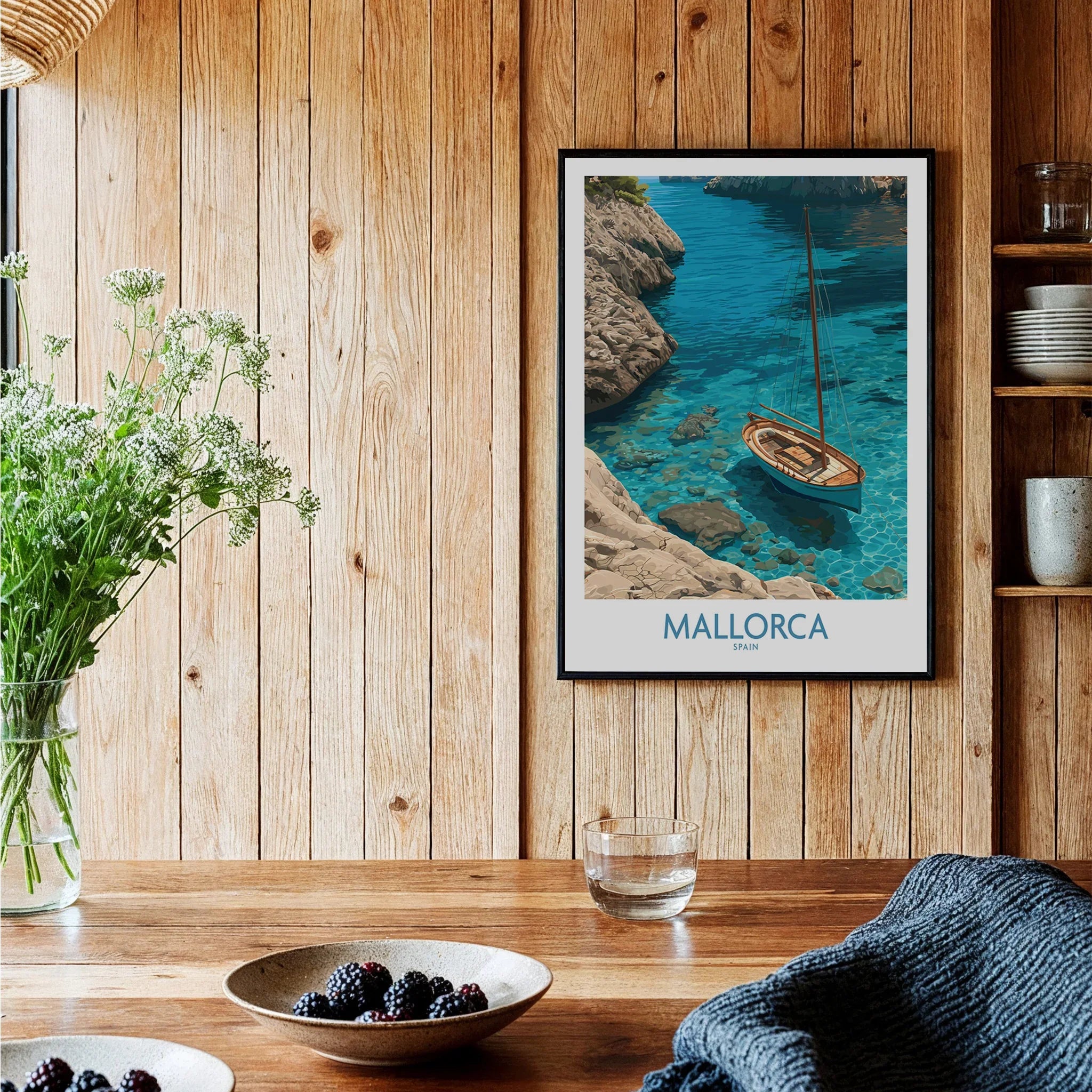 Mallorca Spain Cove Sailboat Wall Art — black framed art print kitchen setting
