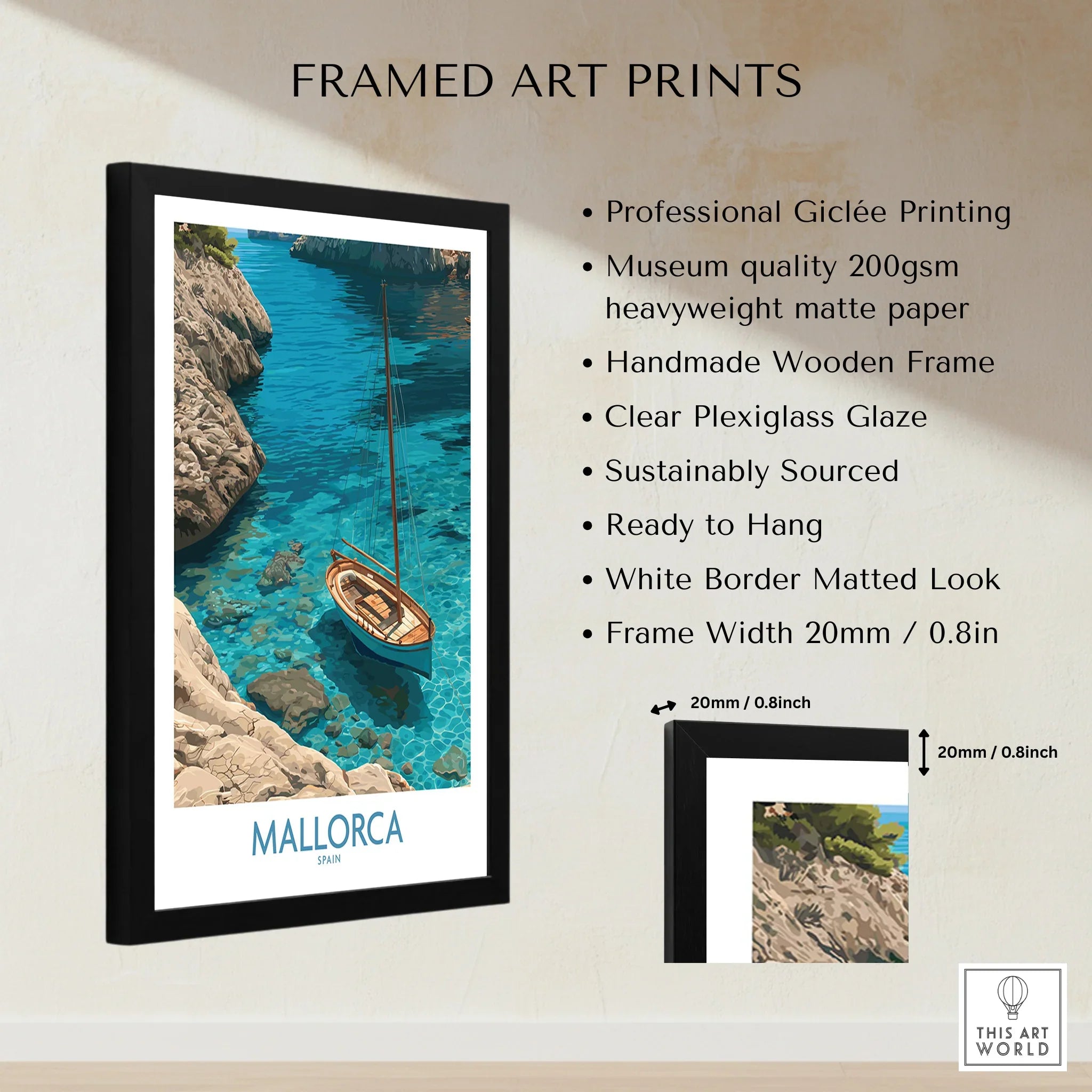 Mallorca Spain Cove Sailboat Wall Art — framed print details measurements quality details