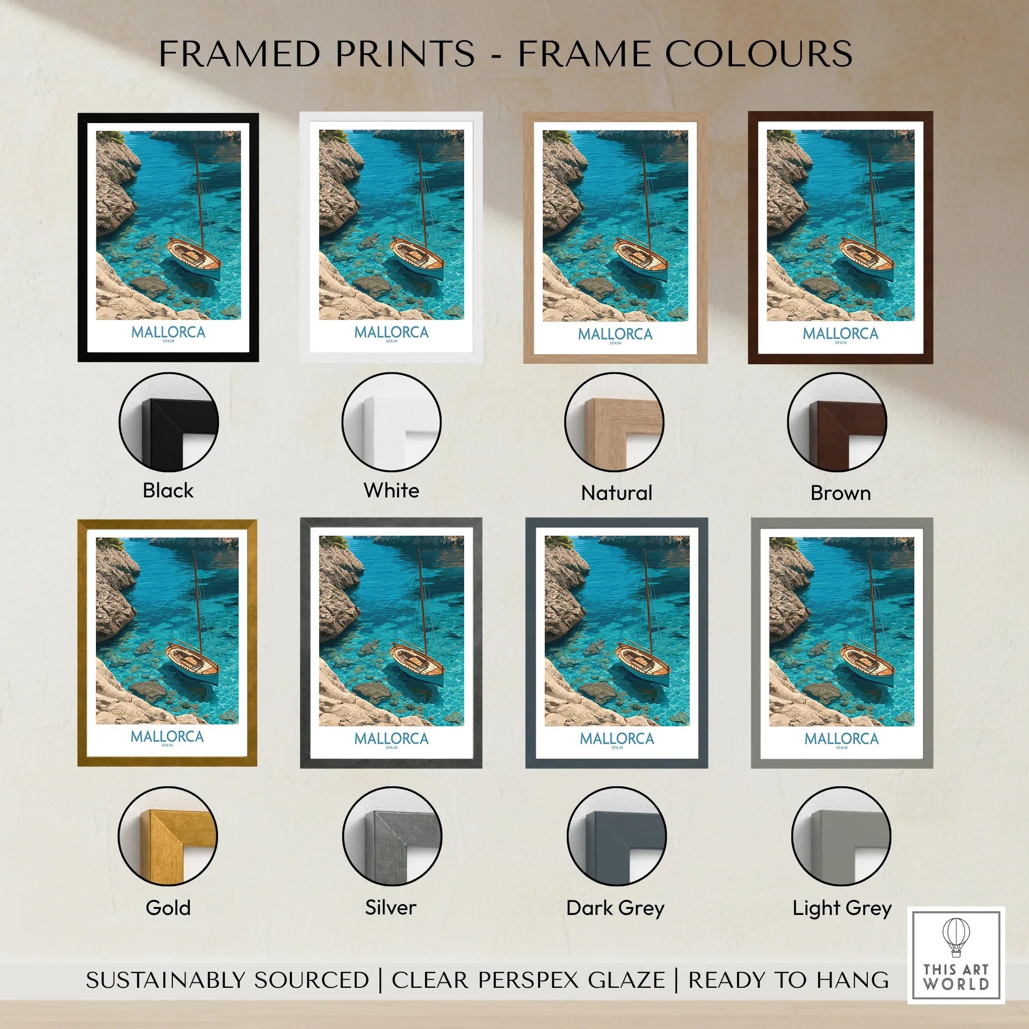 Mallorca Spain Cove Sailboat Wall Art — framed print colour options