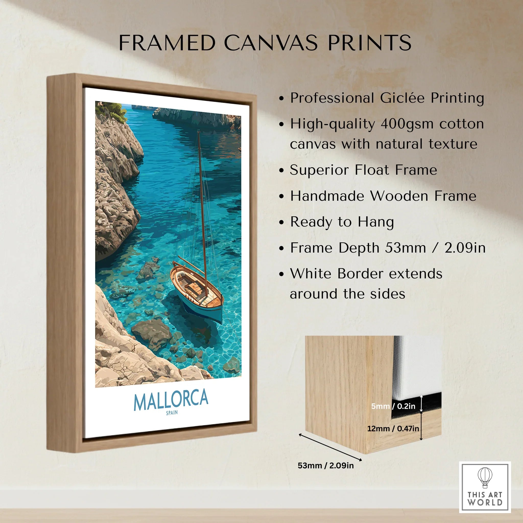 Mallorca Spain Cove Sailboat Wall Art — framed canvas float frame details quality