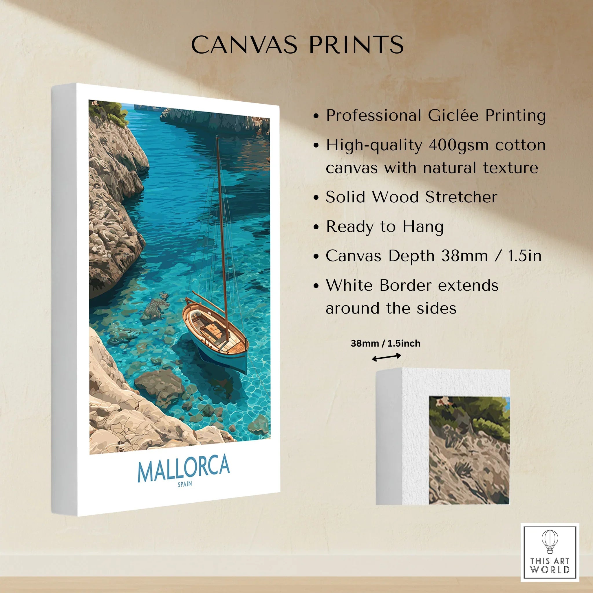Mallorca Spain Cove Sailboat Wall Art — canvas print stretched cotton canvas details