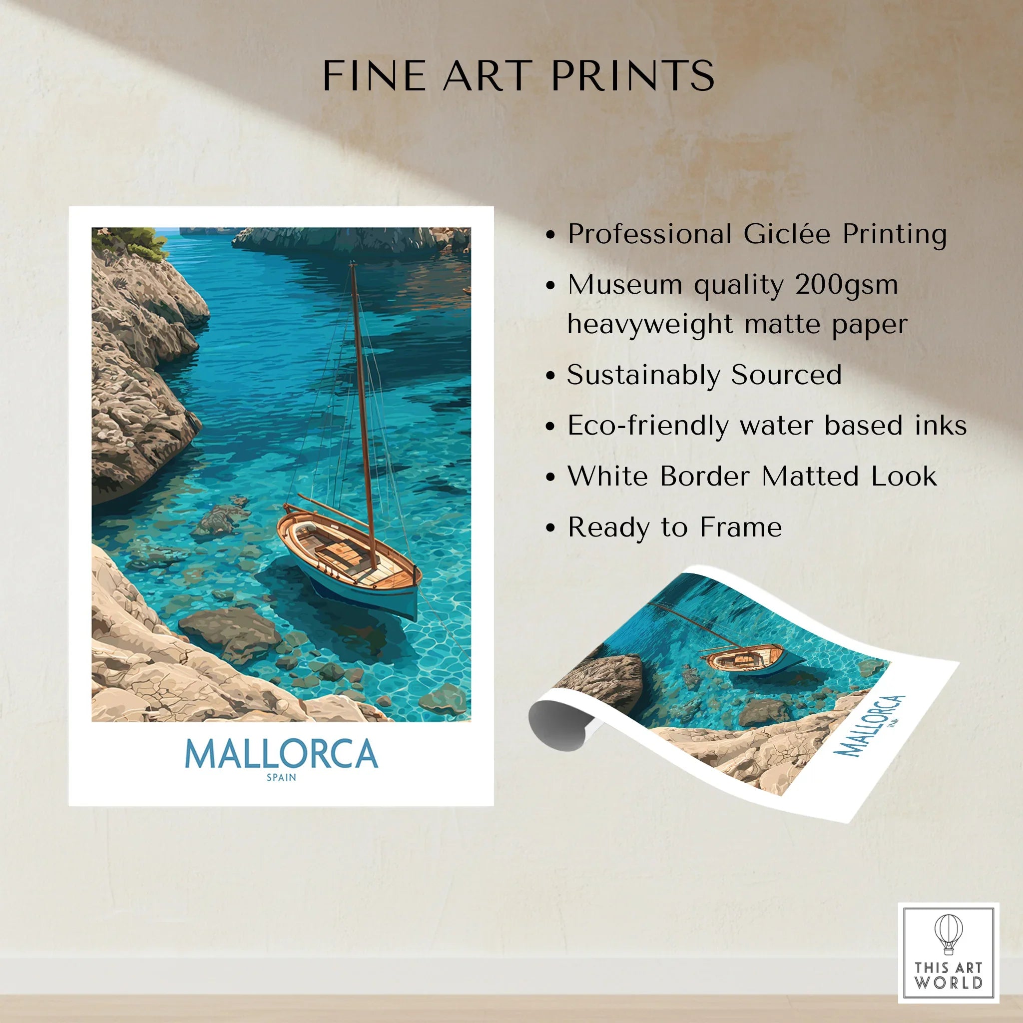 Mallorca Spain Cove Sailboat Wall Art — fine art print unframed quality details