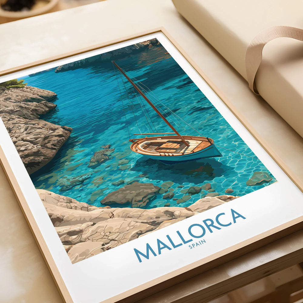 Mallorca Spain Cove Sailboat Wall Art — framed art print closeup gift unwrapped natural frame