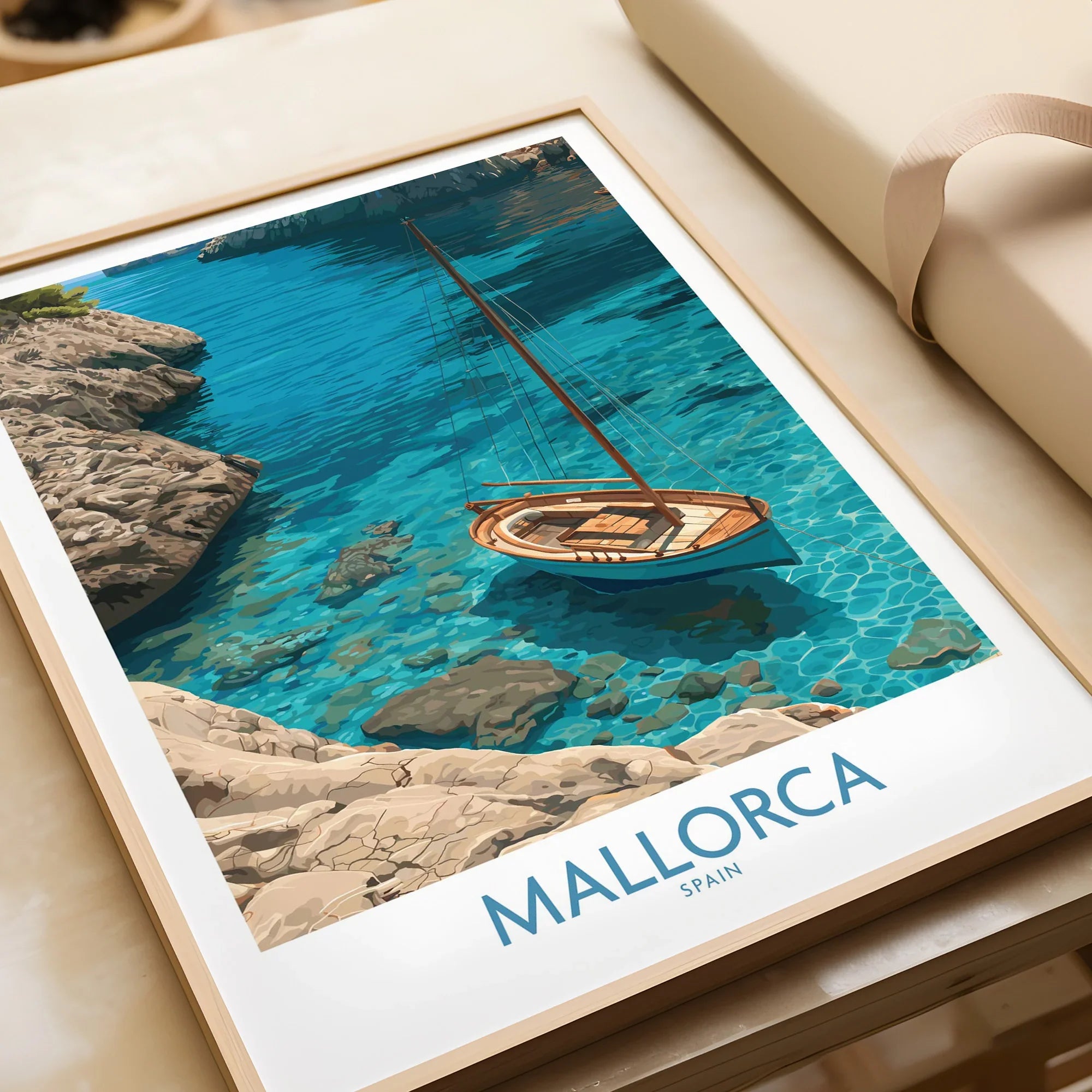 Mallorca Spain Cove Sailboat Wall Art — framed art print closeup gift unwrapped natural frame