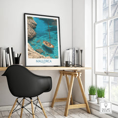 Mallorca Spain Cove Sailboat Wall Art — framed poster black frame on office desk modern
