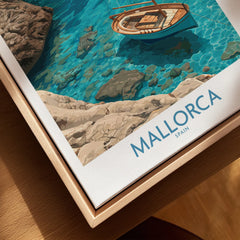 Mallorca Spain Cove Sailboat Wall Art — closeup framed canvas natural wood floating frame