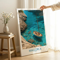 Mallorca Spain Cove Sailboat Wall Art — canvas print mirror edge hand holding room setting