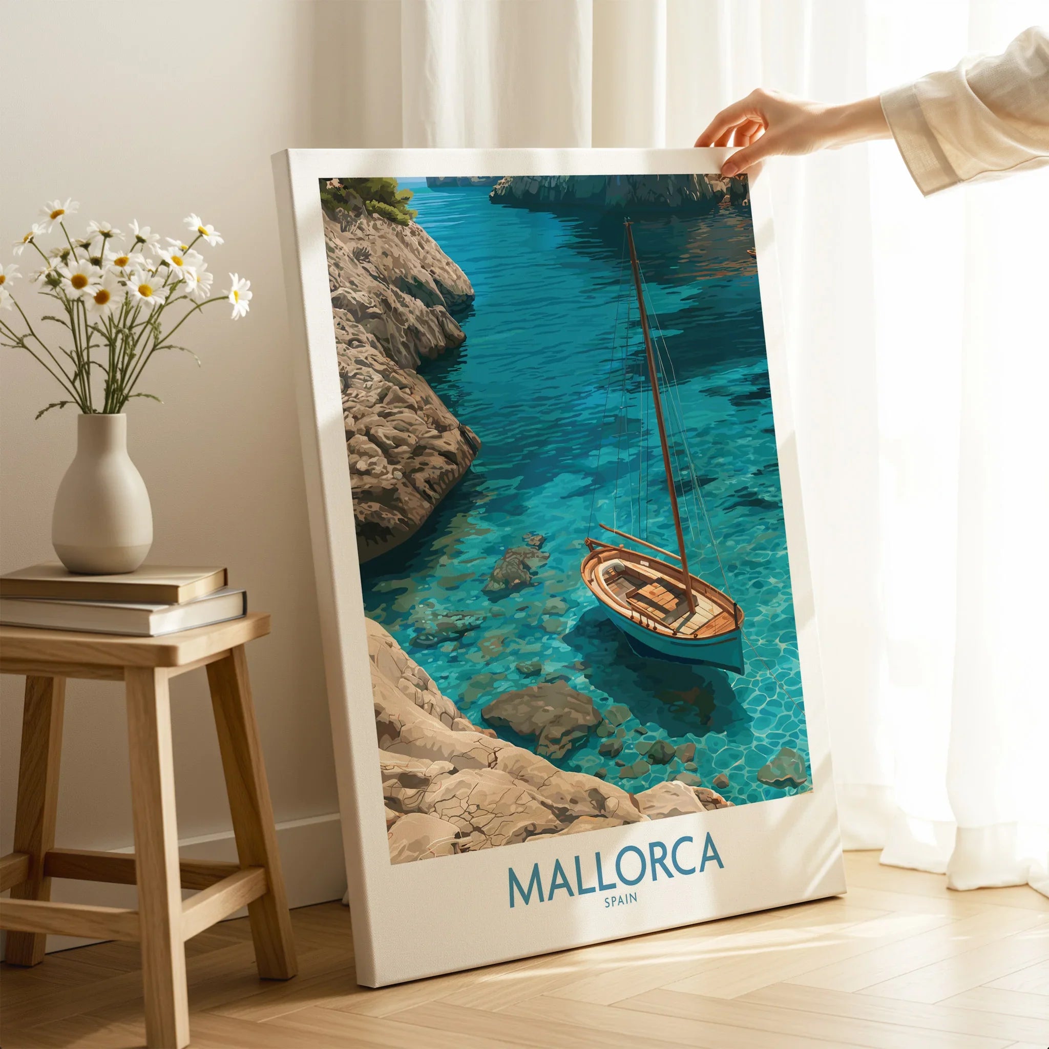 Mallorca Spain Cove Sailboat Wall Art — canvas print mirror edge hand holding room setting