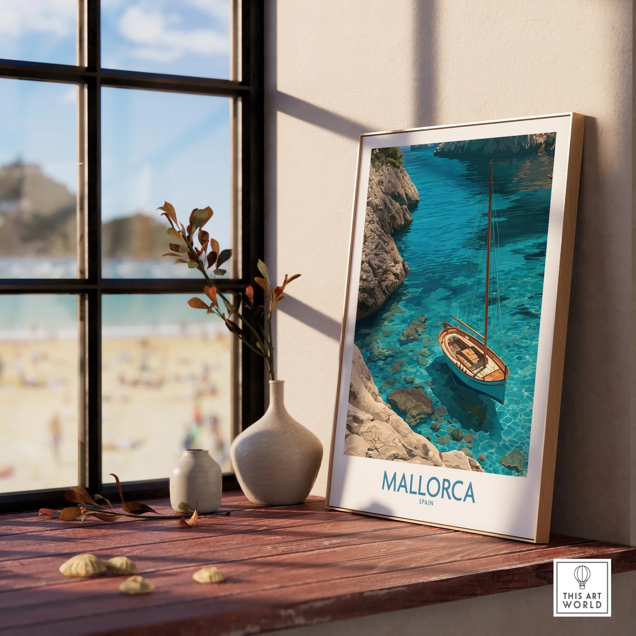 Mallorca Spain Cove Sailboat Wall Art — framed print window view natural wood frame