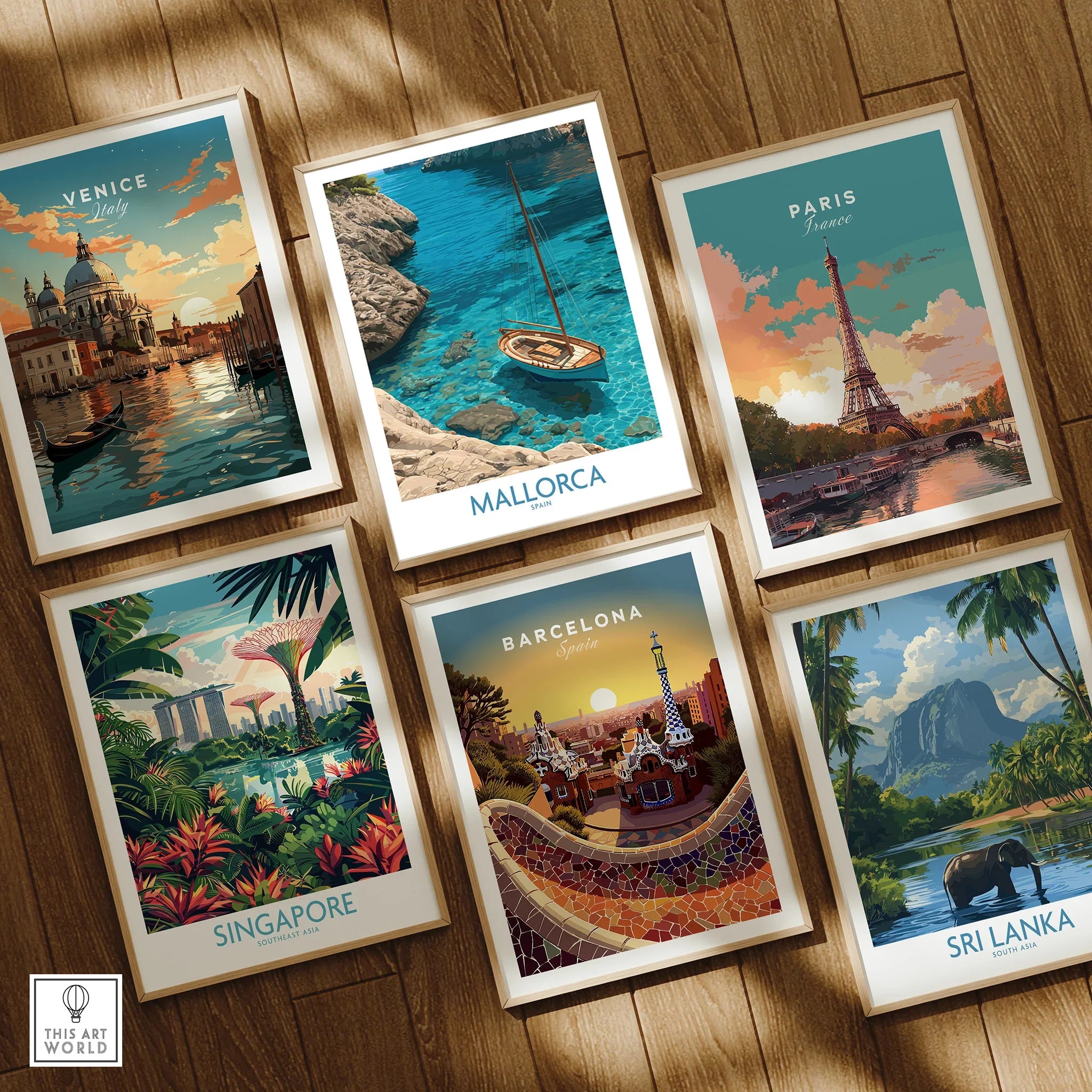 Mallorca Spain Cove Sailboat Wall Art — set six framed art prints wooden floor natural wood frames