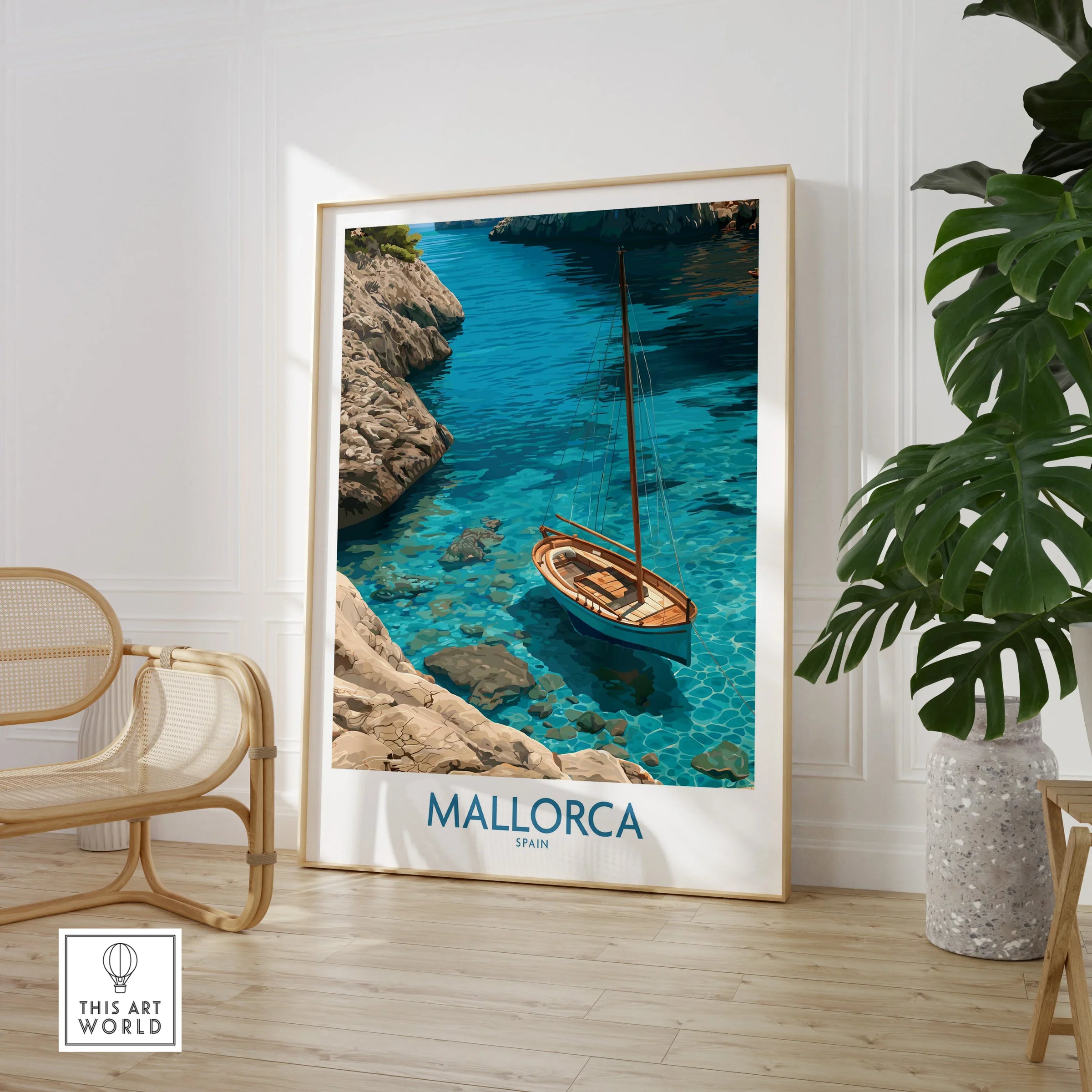 Mallorca Spain Cove Sailboat Wall Art — large framed print room setting chair plant