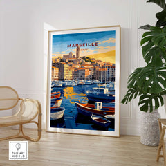 Marseille France Art Print - Old Port Poster, Cityscape Wall Decor featuring Vieux-Port and boats.