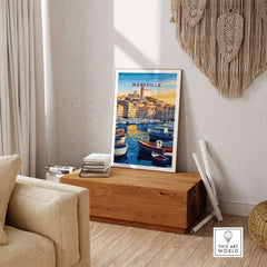 Marseille France Art Print - Old Port Poster, Cityscape Wall Decor displayed in a stylish living room setting.