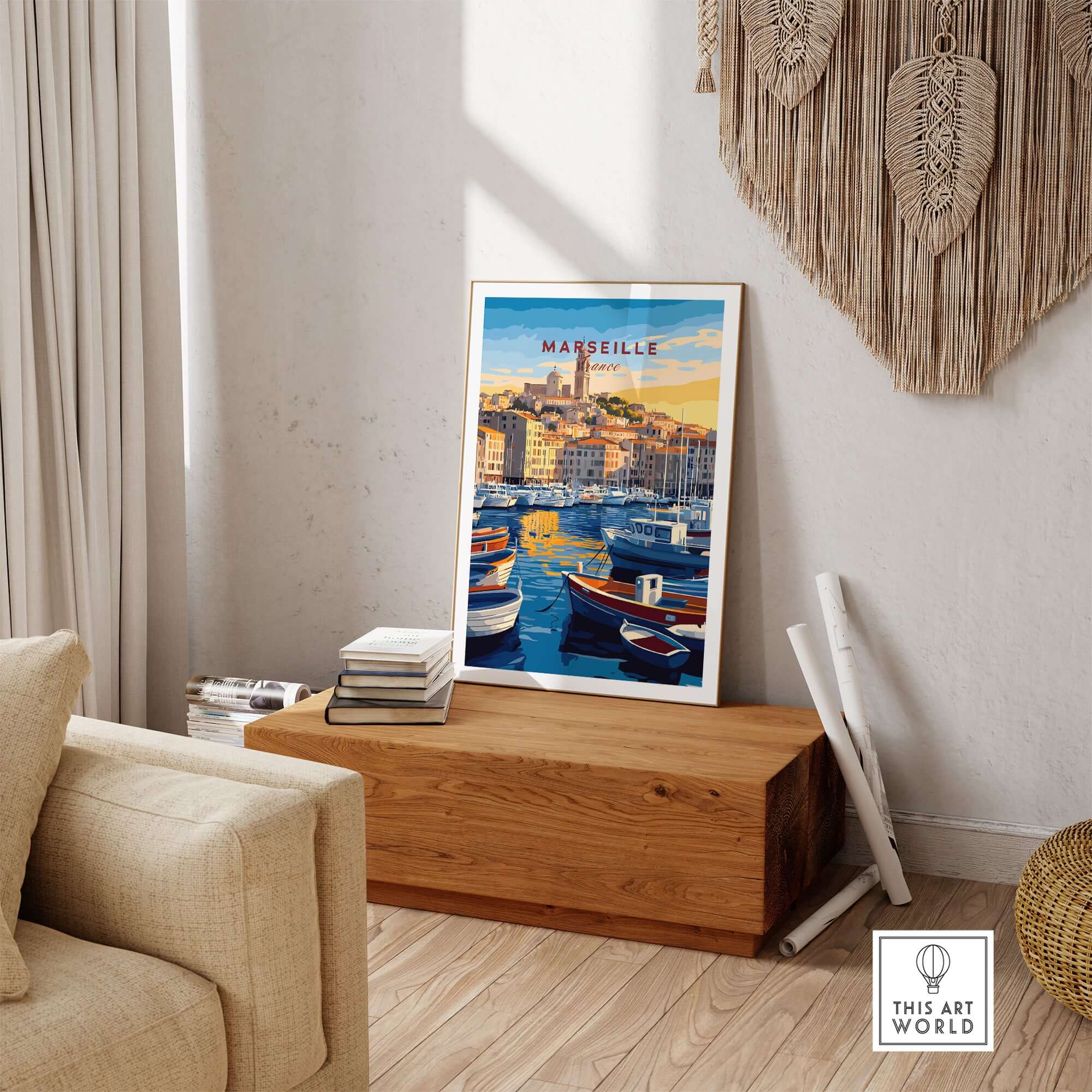 Marseille France Art Print - Old Port Poster, Cityscape Wall Decor displayed in a stylish living room setting.