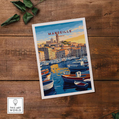 Marseille France Art Print - Old Port Poster, Cityscape Wall Decor featuring a vibrant image of boats and historic architecture.