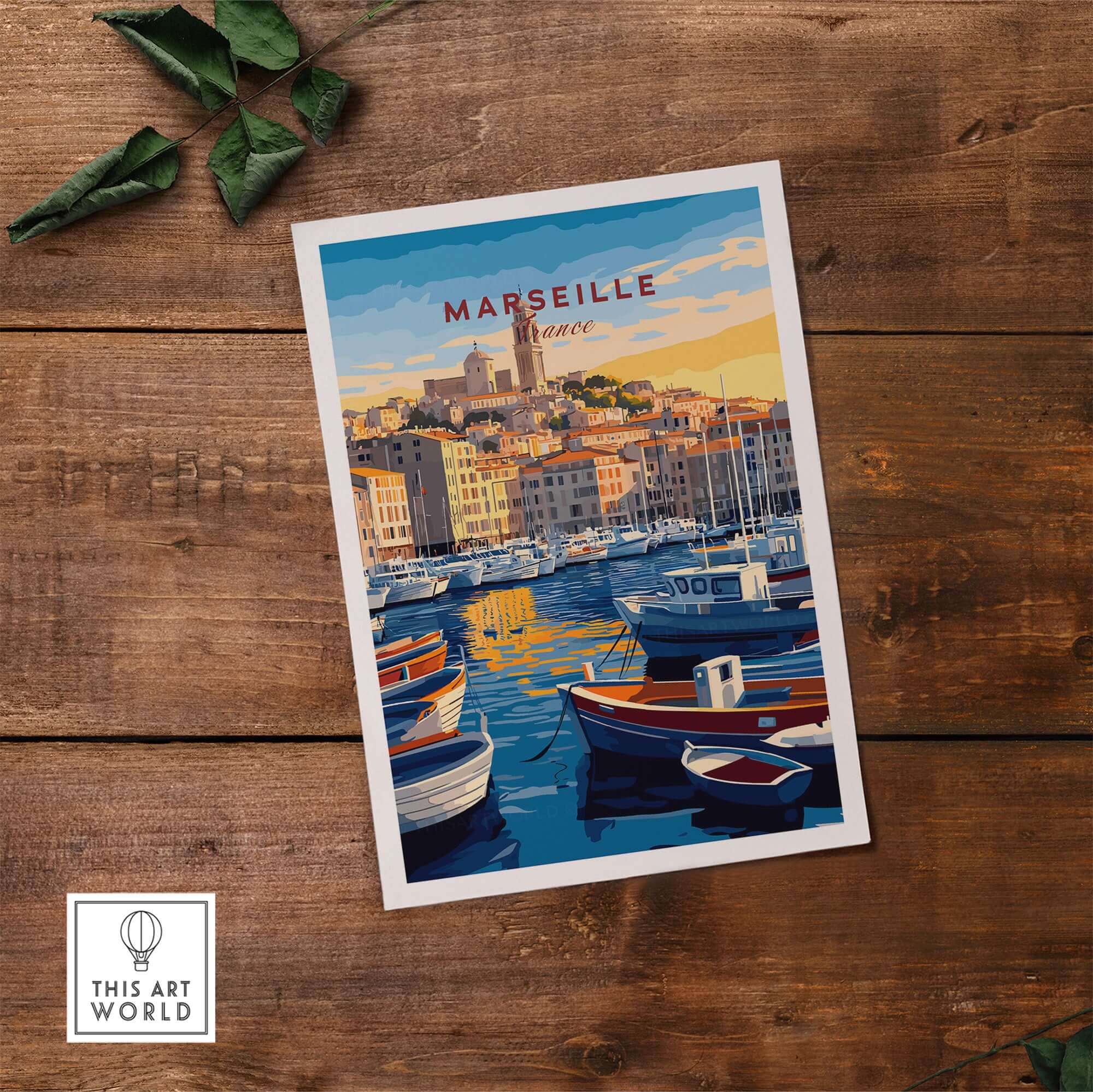Marseille France Art Print - Old Port Poster, Cityscape Wall Decor featuring a vibrant image of boats and historic architecture.