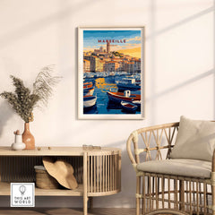 Marseille France Art Print - Old Port Poster, Cityscape Wall Decor featuring vibrant boats and scenic architecture.