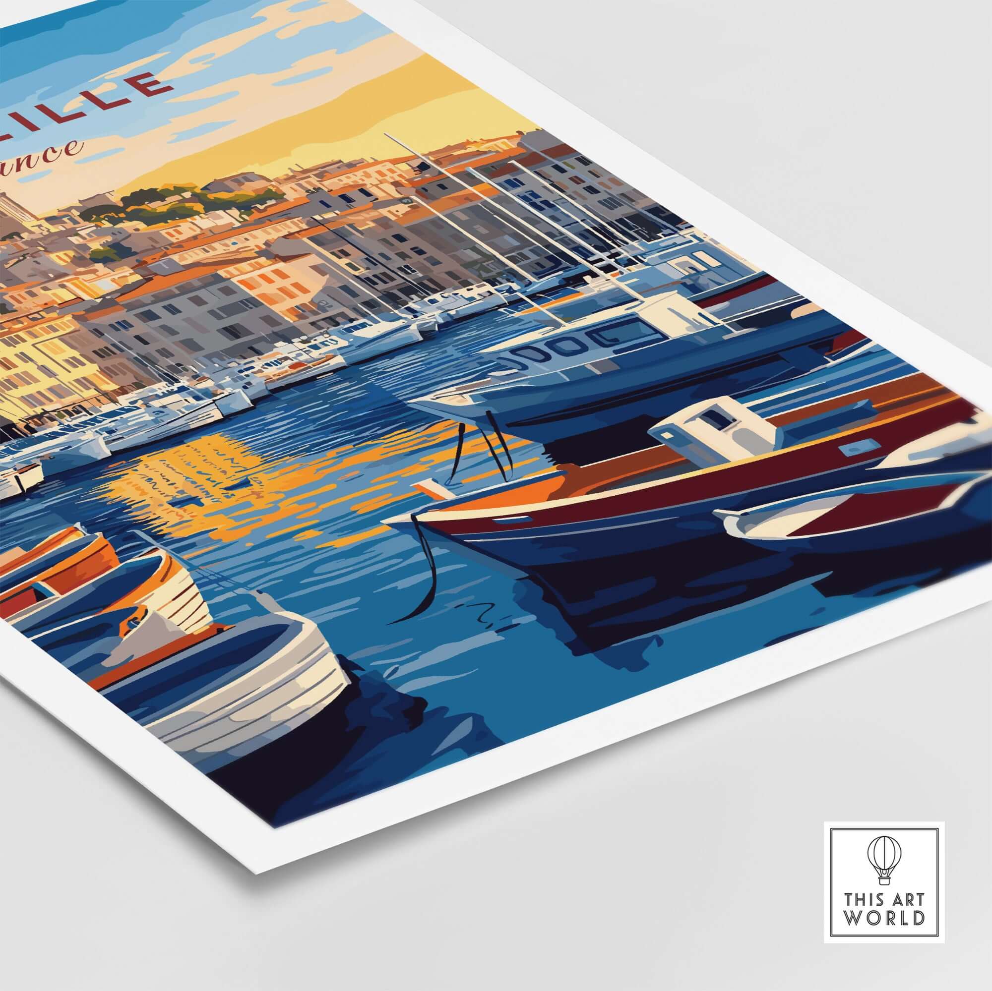 Marseille France Art Print - Old Port Poster, Cityscape Wall Decor featuring boats in Old Port and vibrant colors.