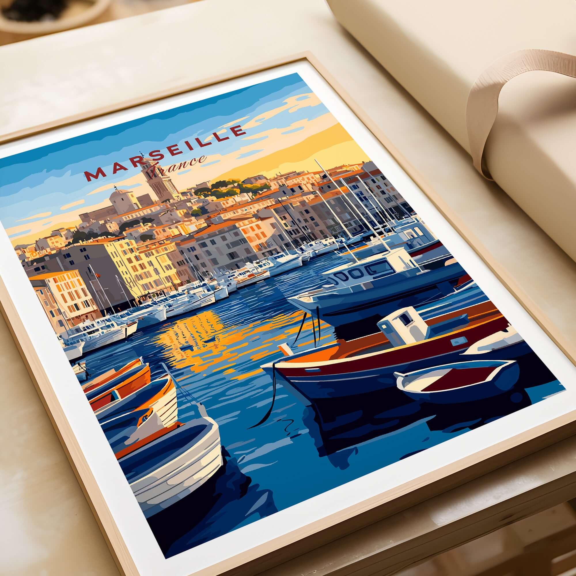 Marseille France Art Print - Old Port Poster, Cityscape Wall Decor, featuring boats and historic architecture.